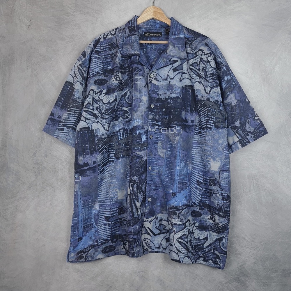 Vintage No Boundaries Shirt Mens 2XL Blue Graffiti Cityscape Allover Print